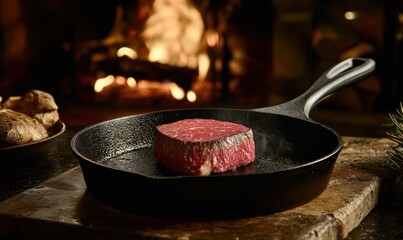 Sizzling steak in cast iron pan, fireplace background, rustic kitchen setting; food blog, recipe