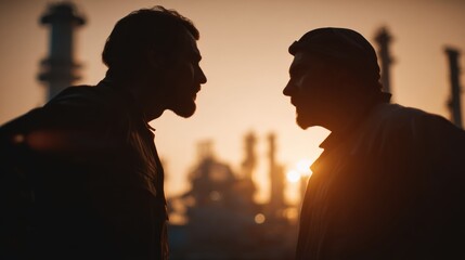 Confrontation between two figures industrial landscape silhouette photography dusk dramatic tension