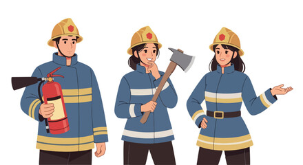 Set of Adobe Illustrator Artwork Flat vector illustration of a diverse team of firefighters. One holds an extinguisher, another an axe, and a third gestures, ready for action and safety