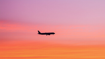 Passenger airplane against sunset sky, journey into vibrant horizons