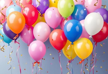 Colorful birthday balloons with ribbons and gold confetti, floating ,  gold,  background