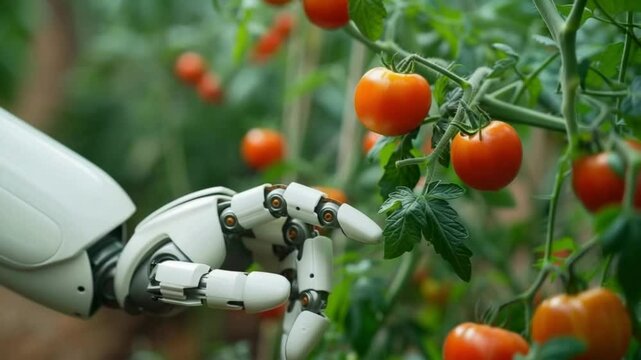 Ripe orange tomatoes growing on green vines in a garden. The scene captures the freshness of organic produce in a natural setting.