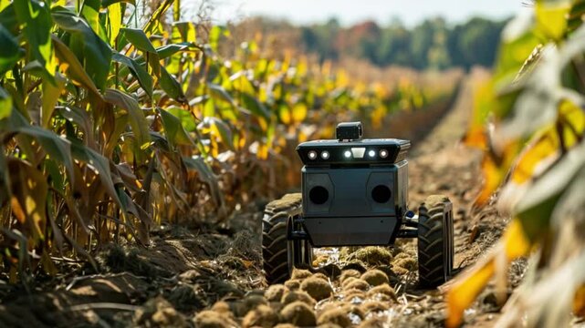 A small agricultural robot navigates through a cornfield, surrounded by rows of corn plants and soil. The robot is designed for farming tasks.