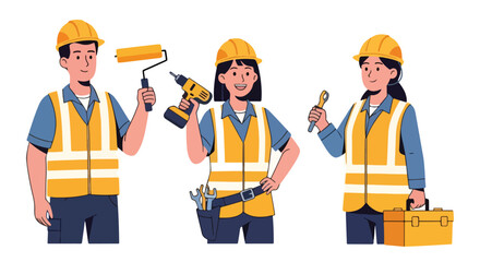 Adobe Illustrator Artwork Dynamic flat vector illustration of a diverse construction worker team.  Emphasizes skilled labor and teamwork