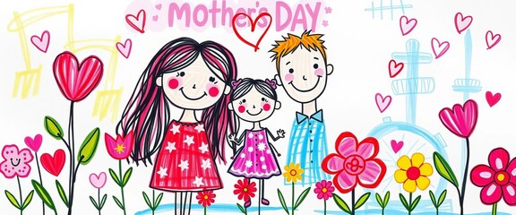 Cute kids' drawings & hand lettering celebrate Mother's Day Happy family, hearts, flowers,  art,  design