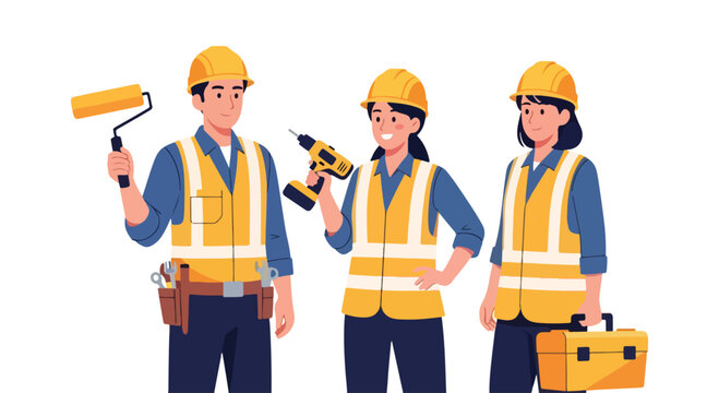 Adobe Illustrator Artwork Dynamic flat vector illustration of a diverse construction worker team.  Emphasizes skilled labor and teamwork