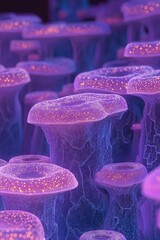 Glowing purple mushrooms illuminating shadowy woodland environment