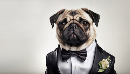 Adorable Mops in Wedding Suits at a Grand Occasion Playful Canines Embracing Elegance Amidst the Festive Mood, Captured in HighResolution on a Gigapixel.