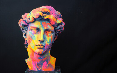 Plaster statue of david's bust painted with fluorescent colors, representing modern art and creativity