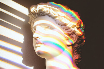 White plaster bust reflecting rainbow light from window blinds creating colorful shadows