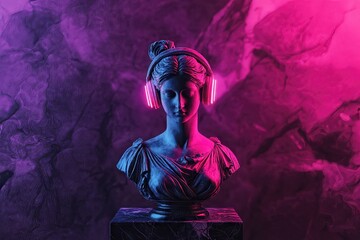 Ancient greek goddess bust wearing modern wireless headphones in vibrant neon lights, blending classical art with contemporary technology