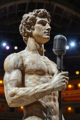 Classical marble statue is singing into a vintage microphone on a brightly lit stage