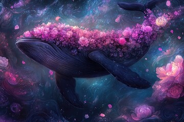 Massive whale gliding through starry cosmic expanse, bearing lush flowering garden across expansive ethereal seascape, merging surreal natural elements