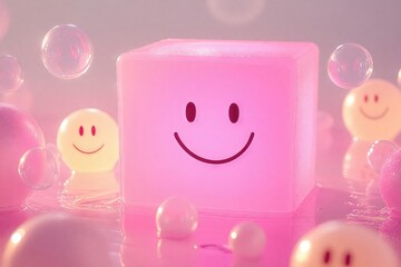 Pink cube smiling among floating bubbles, radiating cheerful mood and playful geometric design