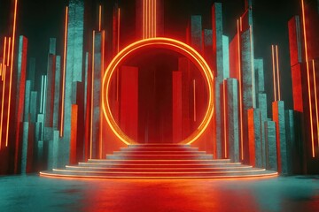 Futuristic stage with glowing neon circle, stairs, and abstract columns creates a dramatic and modern backdrop