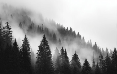 Abstract black and white foggy forest landscape, a minimalist nature background with pine trees in the misty mountains