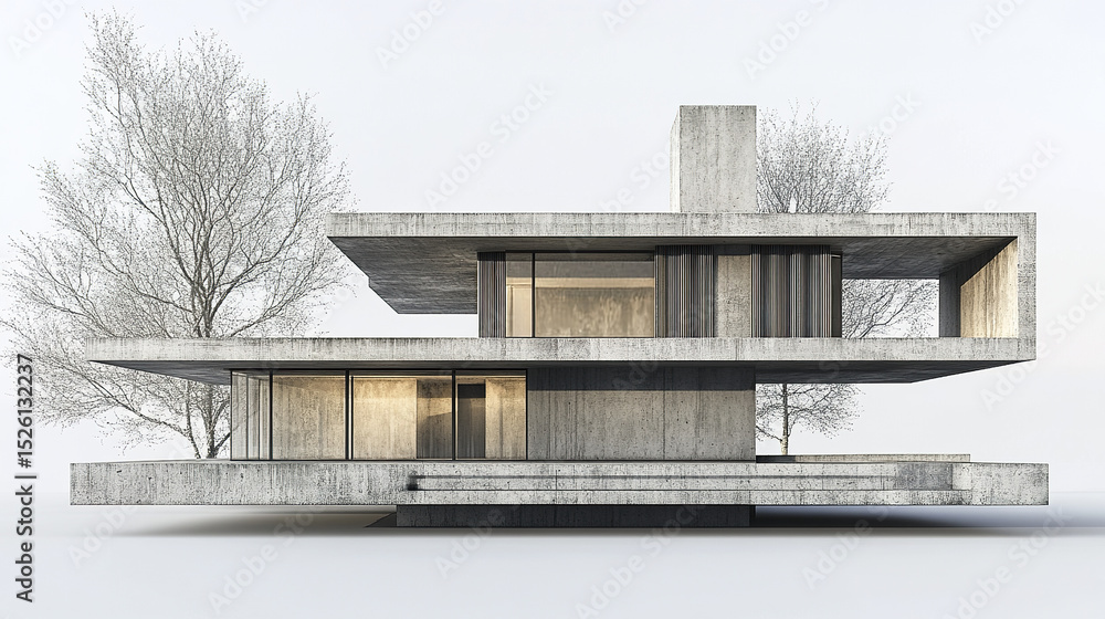 Poster modern concrete house design with minimalist architecture and surrounding trees