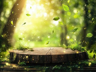 Empty wooden podium with moss in magical forest with falling leaves and glowing particles, ideal for product placement