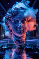 Marble sculpture head emerging through vibrant smoke, highlighting artistic dialog between classical heritage and contemporary museum design