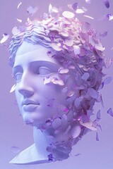 Marble bust adorned with purple petals, evoking ethereal, soft focus aesthetic