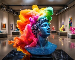 Modern art installation featuring a classical bust merging with vibrant smoke in an art gallery