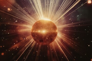 Golden disco ball is radiating bright light beams and sparkling particles, creating a festive and energetic atmosphere