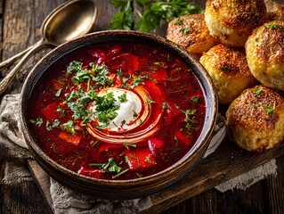 Delicious Ukrainian borscht served warm with sour cream and freshly baked bread for a comforting meal experience