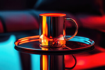 Metallic mug reflecting vivid neon colors on a shiny surface