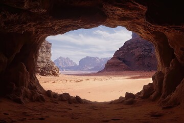 Scenic view of wadi rum desert from inside a cave, showing rock formations and sand dunes under a blue sky