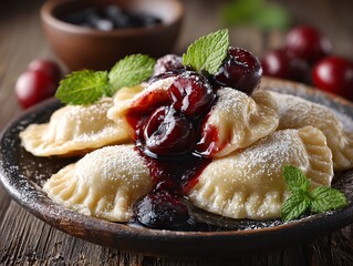 Close-up view of sweet cherry vareniki served with berries and mint on rustic wooden table