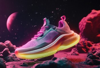 Vibrant sneaker with glowing sole in a cosmic landscape