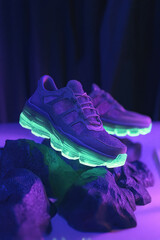 Stylish sneakers with glowing soles displayed on dark rocks