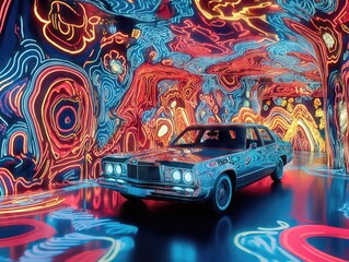 Vintage car glowing under colorful neon lights in a psychedelic tunnel, creating a retrofuturistic atmosphere