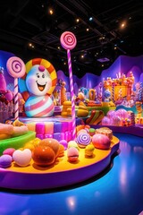 Colorful candy themed room featuring giant lollipops and playful decor