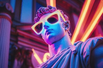 Classical statue adorned with neon lights and bold sunglasses