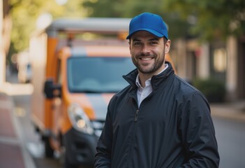 Smiling delivery driver wearing a cap, ready for work on the street