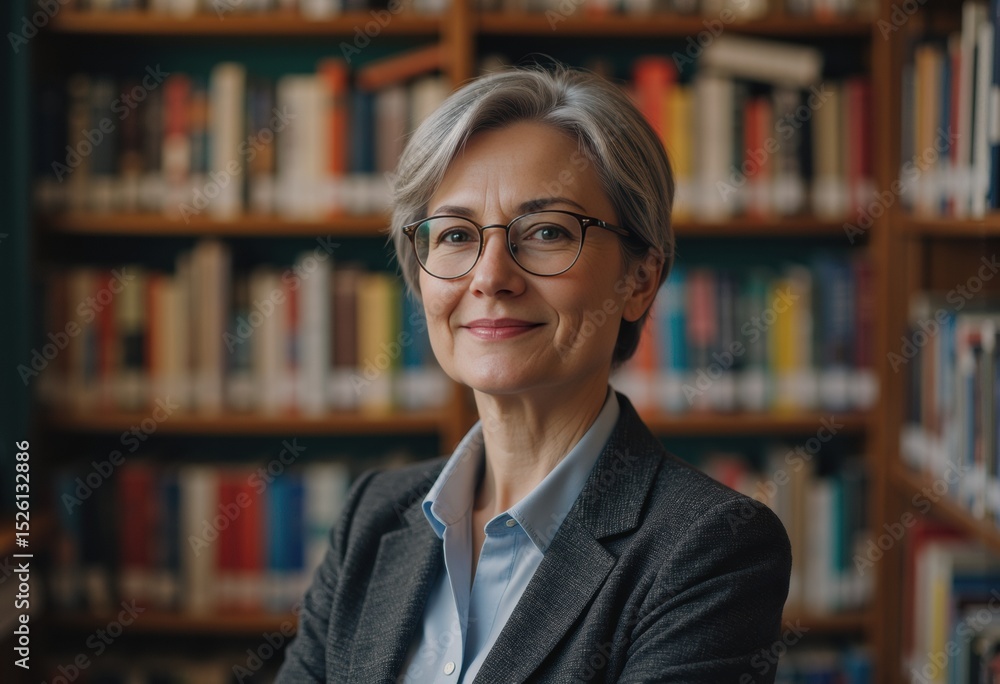 Poster confident librarian standing by a bookshelf in a cozy library setting