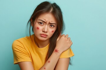 Dermatology treatment, Asian woman reacting to insect bites on her arm, scratching itchy red spots, highlighting skincare issues related to external irritants., Generative AI