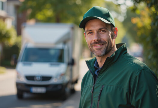 Delivery driver wearing a cap, smiling confidently in front of a delivery van - Powered by Adobe
