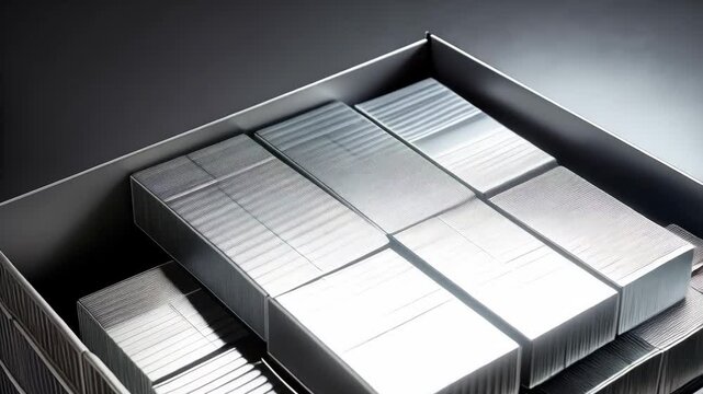 Close-up of an opened box filled with packs of silver colored stapler pins on a dark surface, office supply, metal pins