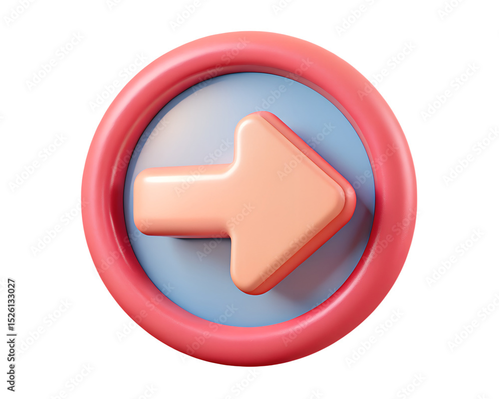 Poster three-dimensional right arrow icon within a rounded circle with a 3d rendering style