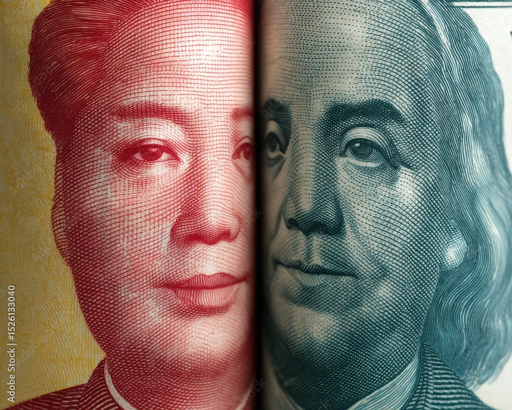 Aufkleber close-up of american dollar and chinese yuan banknotes overlapping symbolizing trade tariffs and int