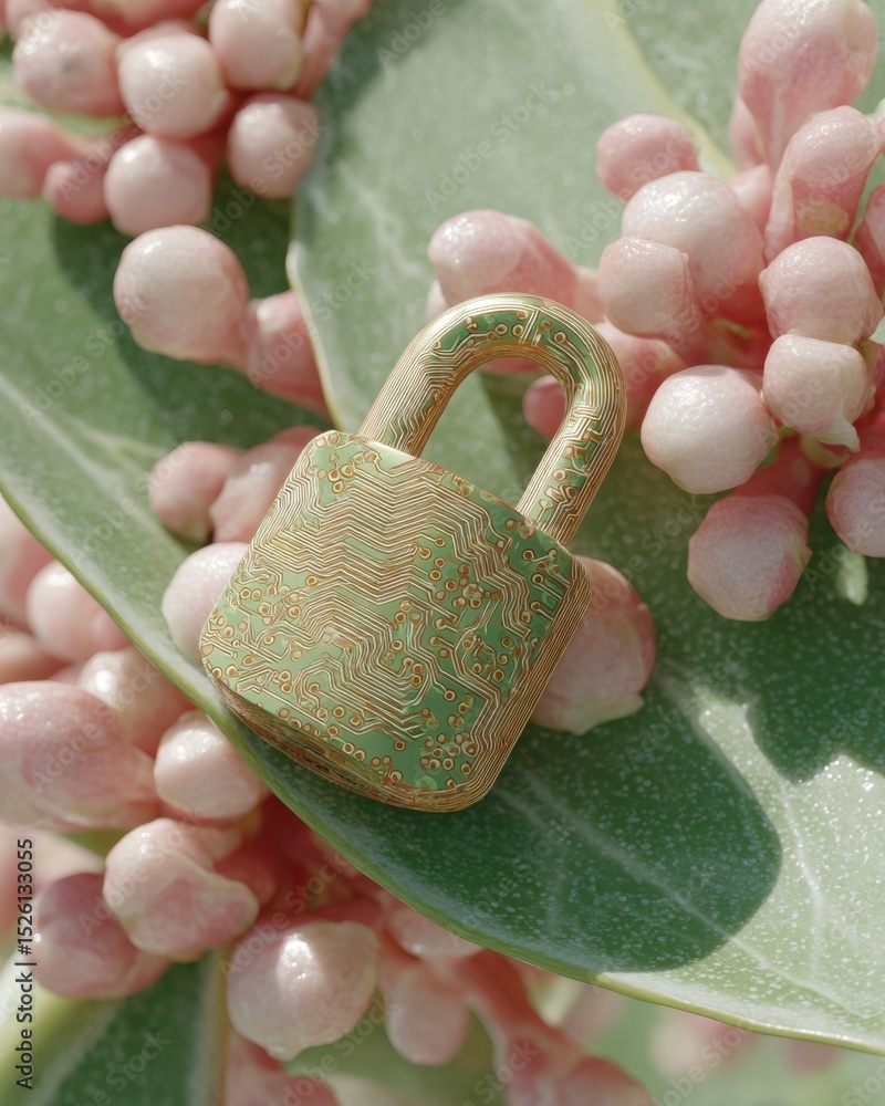Poster eco-tech cybersecurity concept featuring digital circuit padlock on leaf with natural pink buds - su
