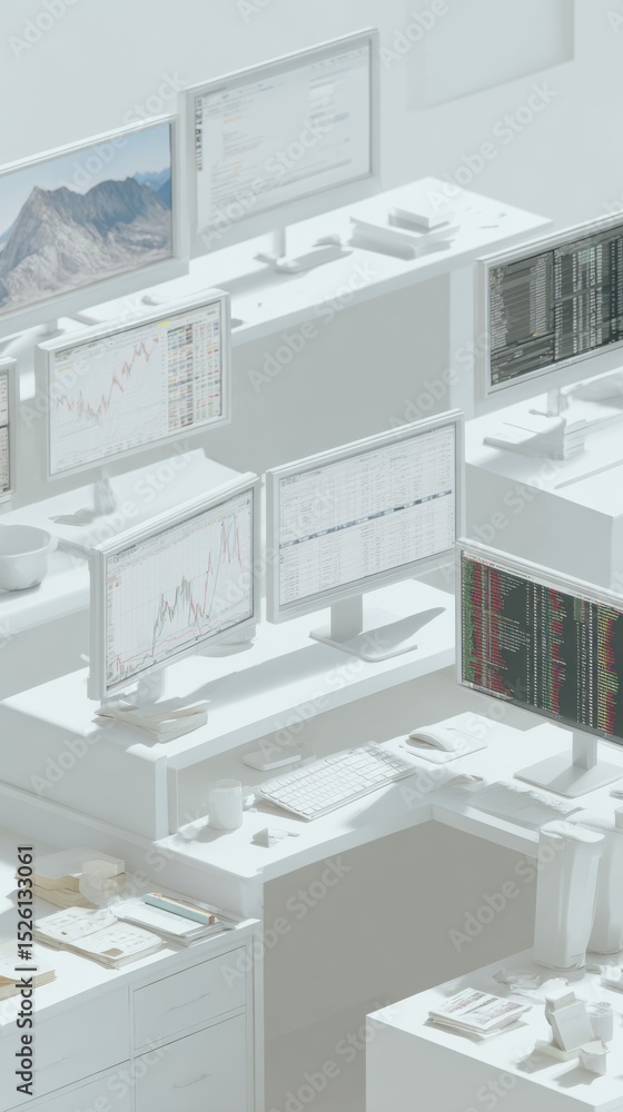 Poster modern financial trading workstation with multi-monitor market data and analytical tools showcasing 