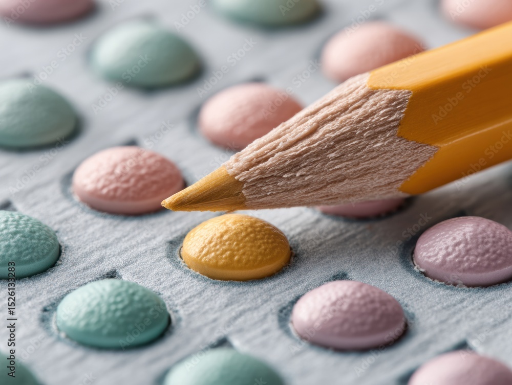 Poster close-up of color pencil filling bubble sheet answer circles with pastel hues for education testing 