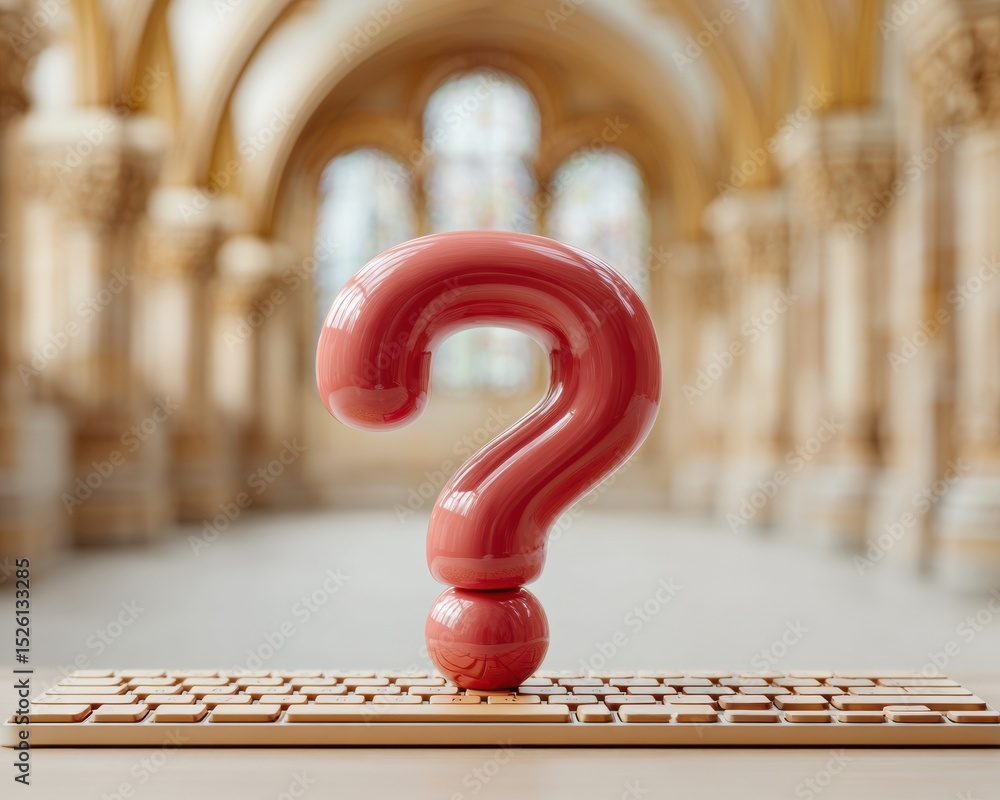 Leinwandbilder Large Red Question Mark on Keyboard Representing Digital Support and Customer Inquiries in Modern Tech Workspace with Focus on Problem Solving