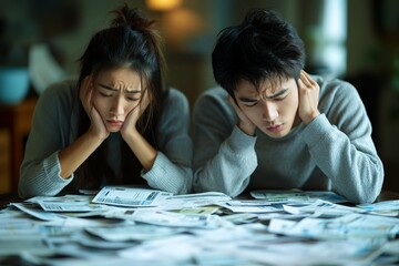 Stressed young Asian couple dealing with financial woes, reviewing credit card bills and monthly expenses with no money to pay off loans., Generative AI