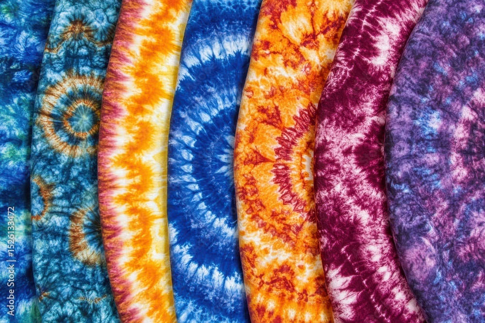 Poster brilliant patterns created with tie-dye showcasing vibrant colors and intricate designs in various c