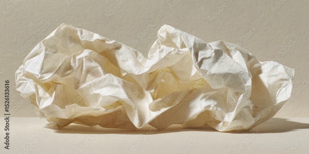 Poster Crumpled Wage Slip on Neutral Surface Showing Wrinkled Texture and Wear Patterns Symbolizing Financial Stress and Neglected Money Management