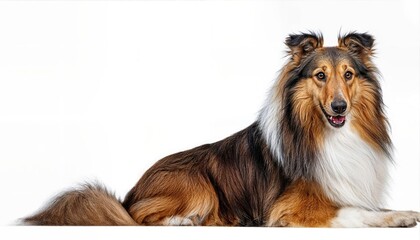 Fototapeta premium Isolated Transparent Background Sitting Photo of a Happy Sheltie Vibrant and Playful Portrait against a Blank Canvas Backdrop, Perfect for Digital Art, Home Decor, or Design Inspiration.